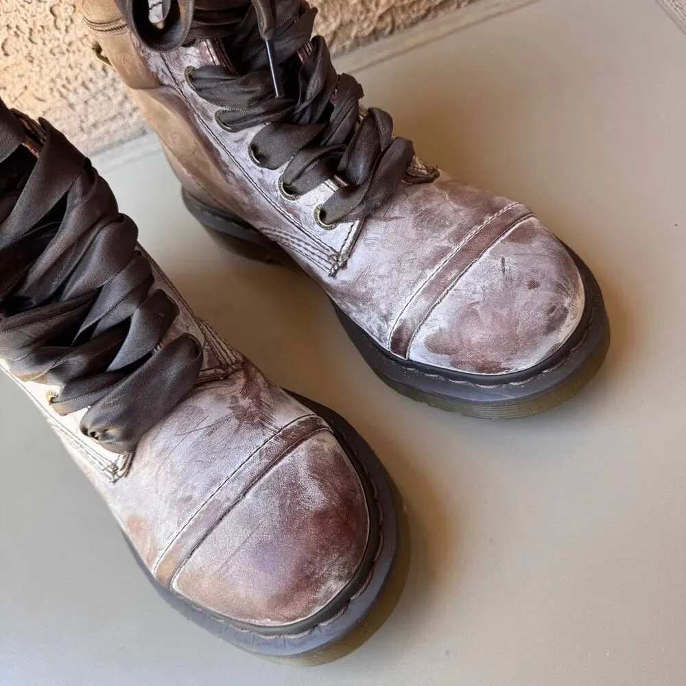NEW Dr. Martens Triumph Boots Womens Sz 8 Brown Pink Floral Foldover Tall Combat - Picture 11 of 16